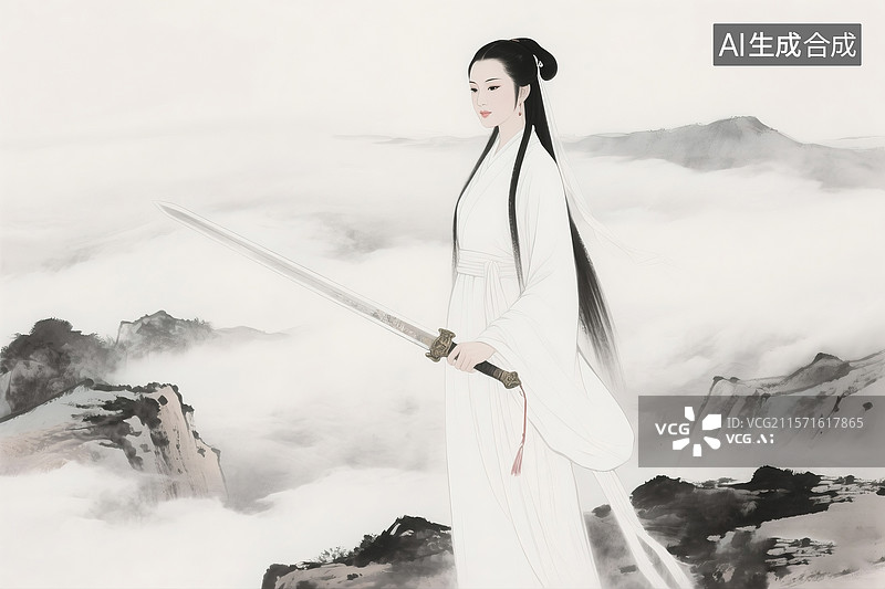 【AI数字艺术】水墨插画金庸小说中小龙女于云雾山间的特写形象图片素材