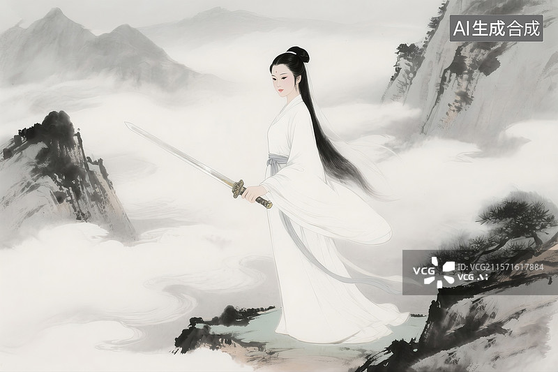 【AI数字艺术】水墨插画金庸小说中小龙女于云雾山间的特写形象图片素材