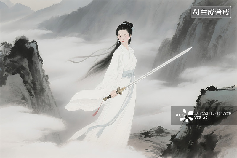 【AI数字艺术】水墨插画金庸小说中小龙女于云雾山间的特写形象图片素材
