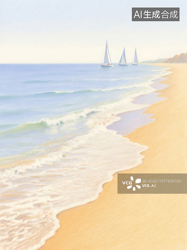 【AI数字艺术】海滩上三艘帆船在海面上航行，波浪轻拍沙滩，远处山丘隐约可见图片素材