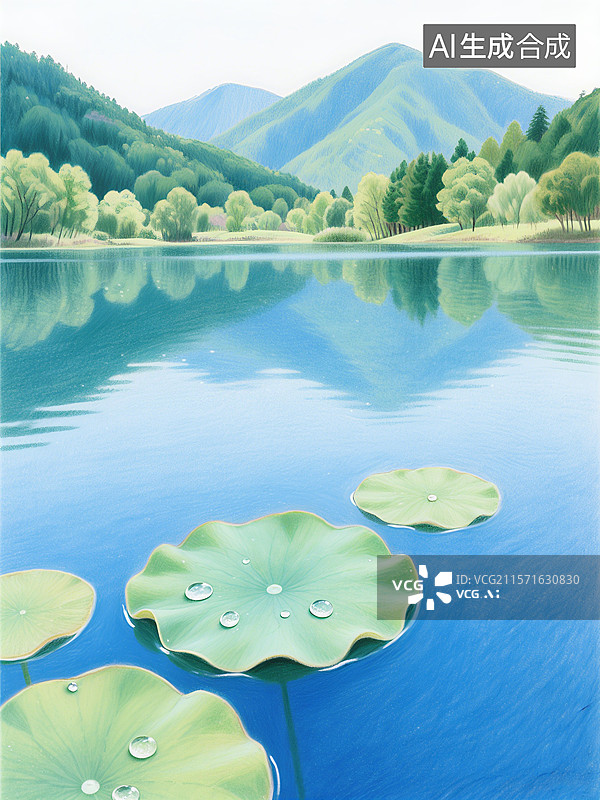 【AI数字艺术】宁静的湖面上漂浮着几片荷叶，远处是青山绿树，倒影在水中，景色宜人图片素材
