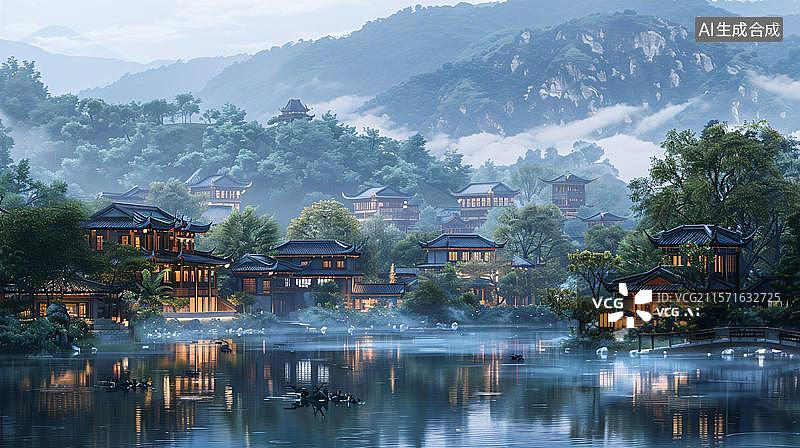 【AI数字艺术】山水间的静谧古亭 田园诗意下的迷你中国风古建筑亭台阁楼 烟雨江南水乡人家图片素材