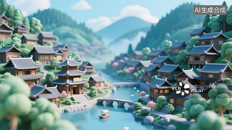 【AI数字艺术】中式建筑山寨三维插画图片素材