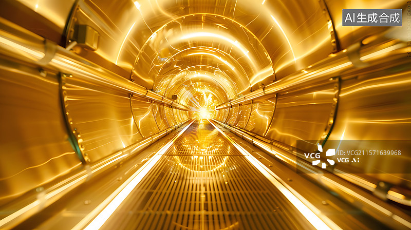 【AI数字艺术】金色隧道走廊管道通道存储技术硬件科技背景图片素材