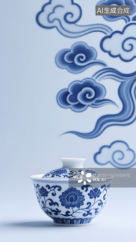 【AI数字艺术】青花瓷盖碗与云纹背景图像图片素材