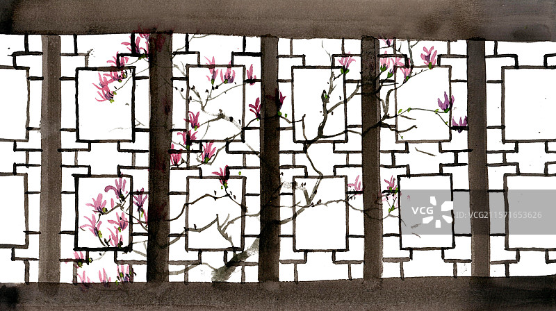 窗棂外的玉兰花图片素材