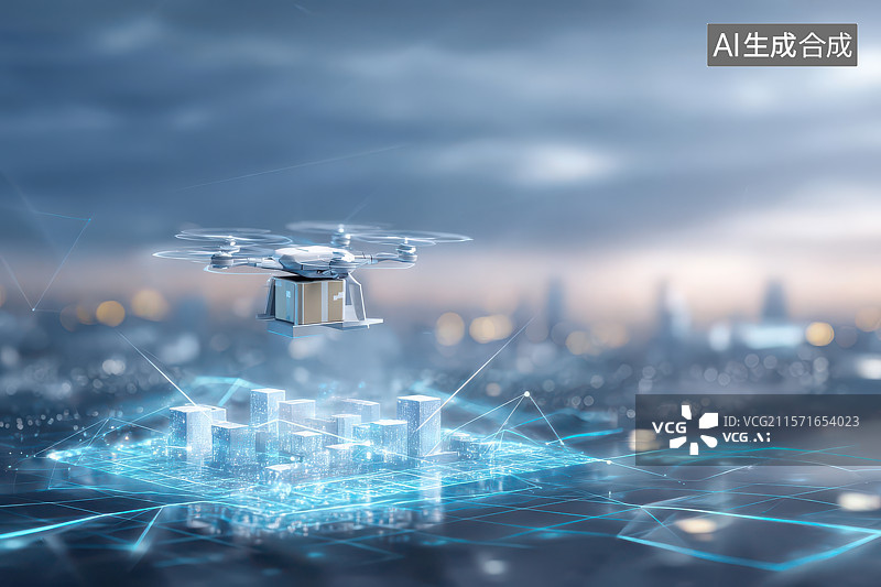 【AI数字艺术】无人机城市物流配送暮色飞行场景图片素材