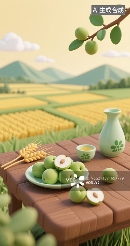 【AI数字艺术】3D三维麦田木桌青梅与青梅酒插画图片素材
