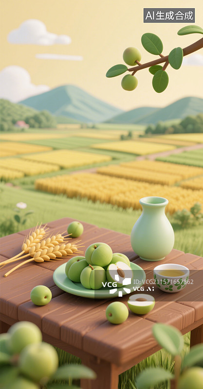 【AI数字艺术】3D三维麦田木桌青梅与青梅酒插画图片素材