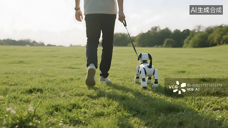 【AI数字艺术】在公园遛机械狗的人图片素材