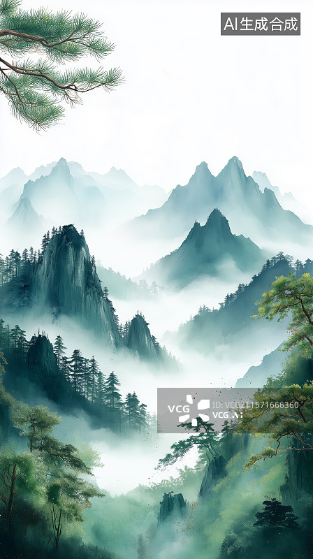 【AI数字艺术】晨雾中的山峰树木图片素材