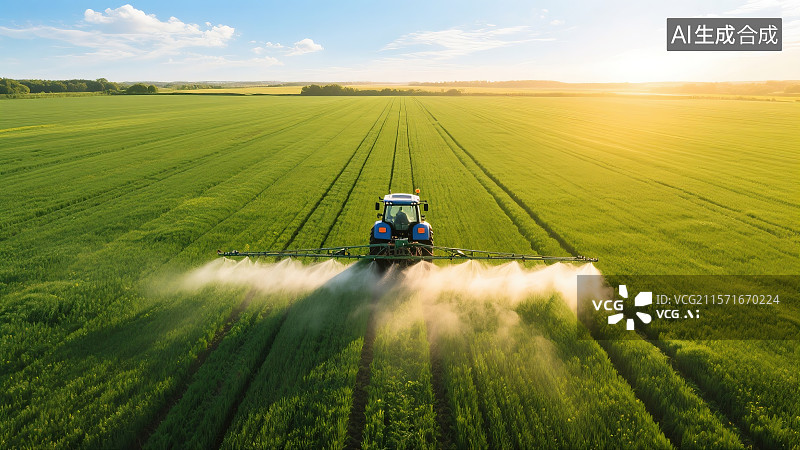 【AI数字艺术】绿色的田野上拖拉机在田间喷洒农药场景航拍图片素材