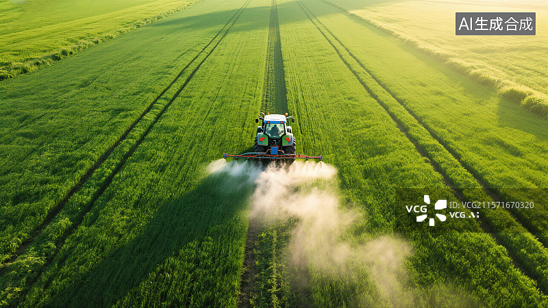【AI数字艺术】绿色的田野上拖拉机在田间喷洒农药场景航拍图片素材