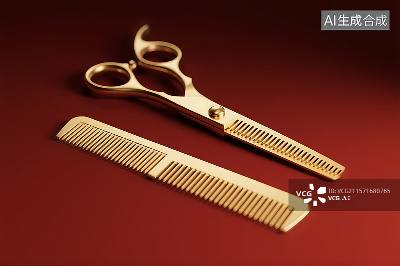 【AI数字艺术】3D立体三维C4D发光的闪亮的金色金属质感理发剪刀梳子理发师理发店美发造型工具用品图片素材