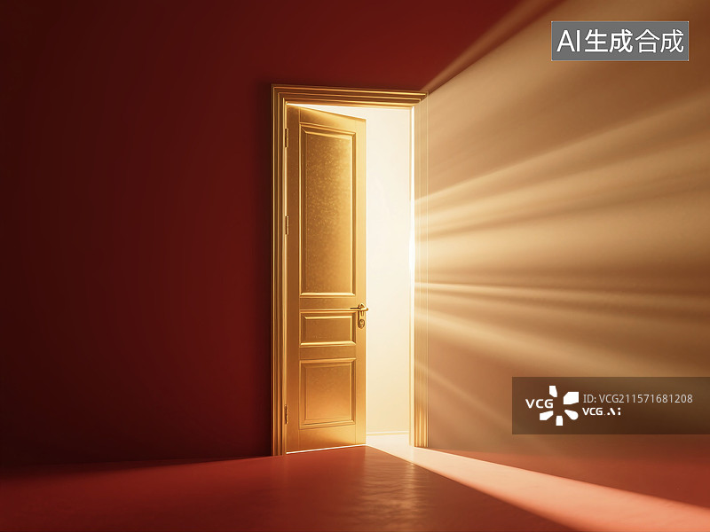 【AI数字艺术】3D立体三维C4D发光的闪亮的金色金属质感一扇门口打开照出明亮的光线机遇机会梦想希望成功图片素材