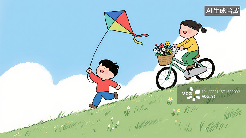 【AI数字艺术】蓝天白云下一个小朋友在山坡上放风筝另一个在后面骑着自行车图片素材