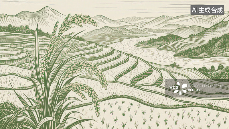 【AI数字艺术】雕刻风格绿色手绘线描线条绘制细腻的山水稻田风景背景图片素材