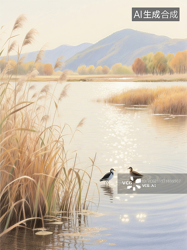 【AI数字艺术】两只水鸟在湖边漫步，周围是芦苇和远处的山脉，水面泛起涟漪，阳光洒在水面上图片素材