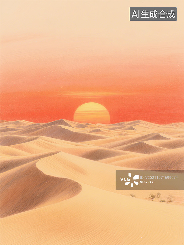【AI数字艺术】沙漠中太阳缓缓落下，天空呈现出温暖的橙红色调，沙丘连绵起伏图片素材