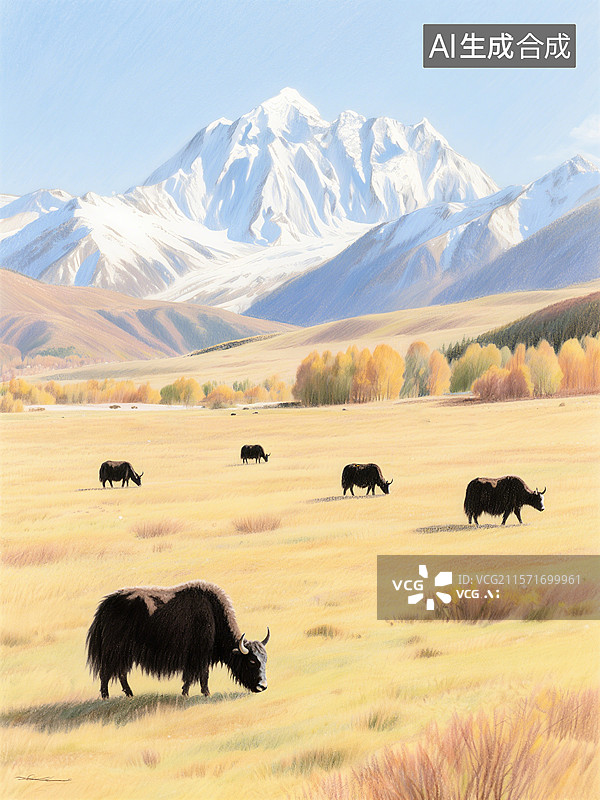 【AI数字艺术】草原上几头牦牛悠闲吃草，远处雪山和秋色树林相映成趣，景色宁静美丽图片素材