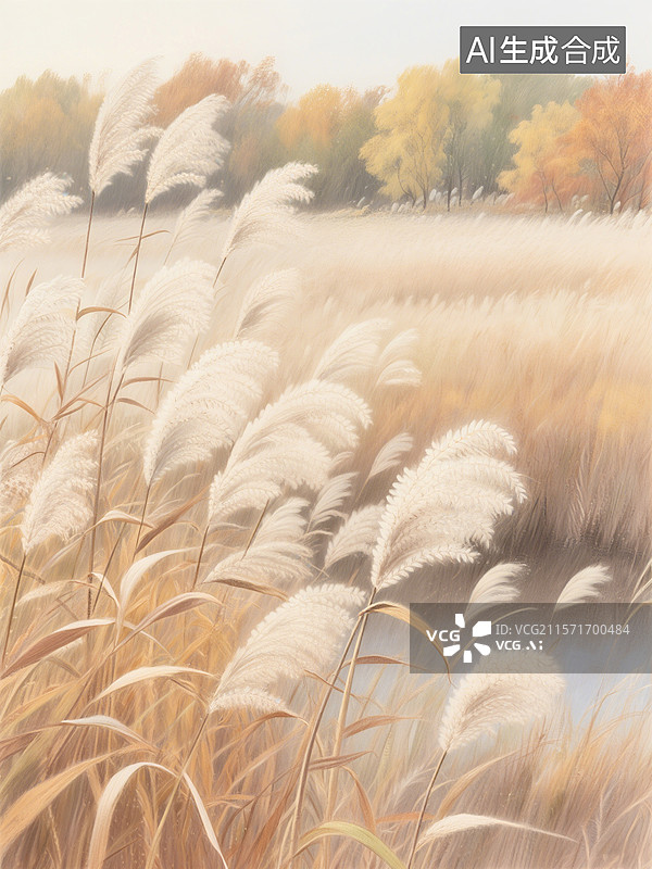 【AI数字艺术】秋天的芦苇丛中，金黄色的芦花随风摇曳，背景是色彩斑斓的树林图片素材