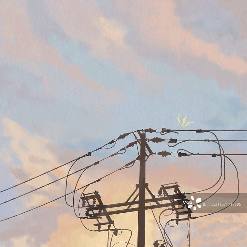 日落时电力线对天空的低角度图片素材