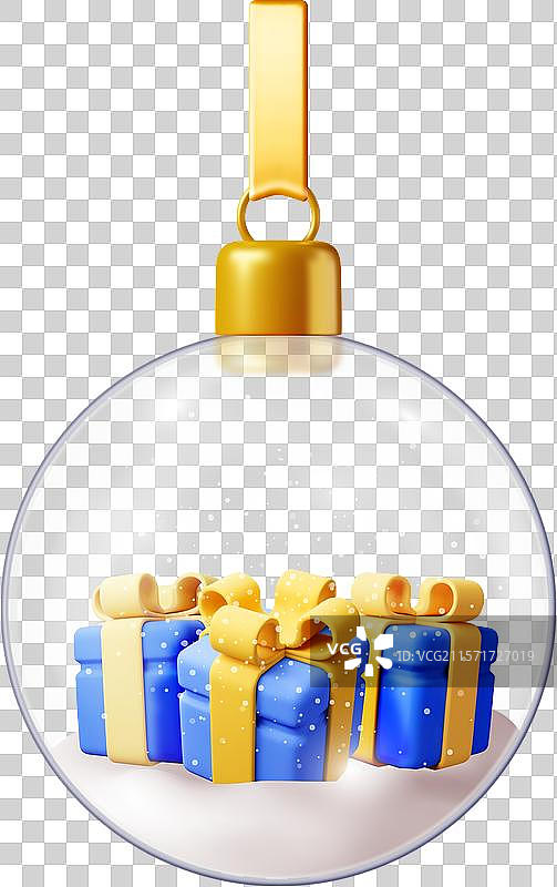 3D玻璃圣诞雪球与礼品盒图片素材