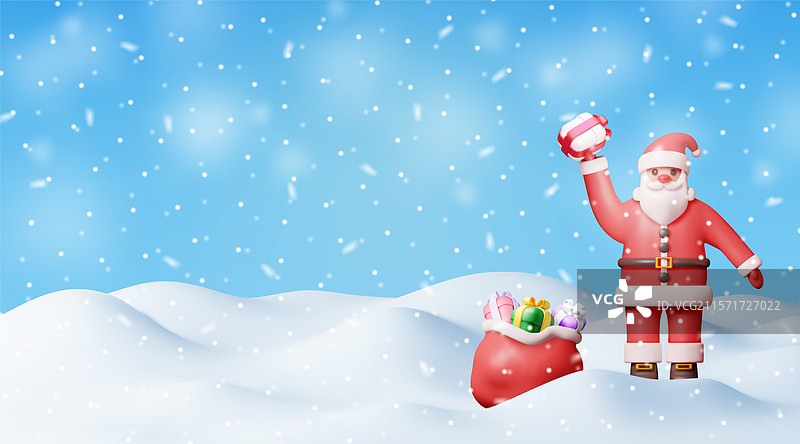 3D圣诞老人角色与雪中的礼物袋图片素材