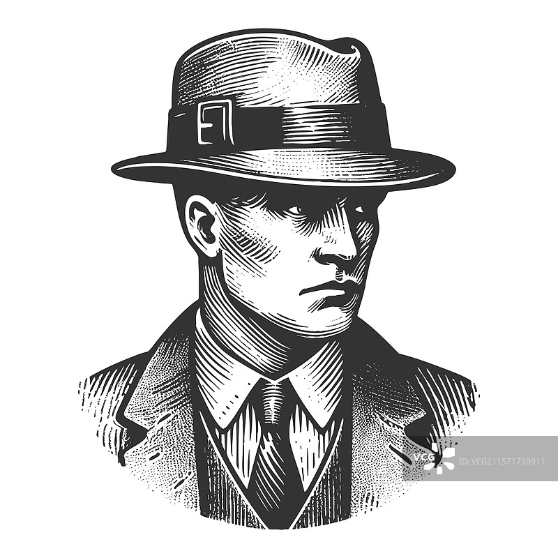 身穿西装和礼帽的神秘男子雕刻画图片素材