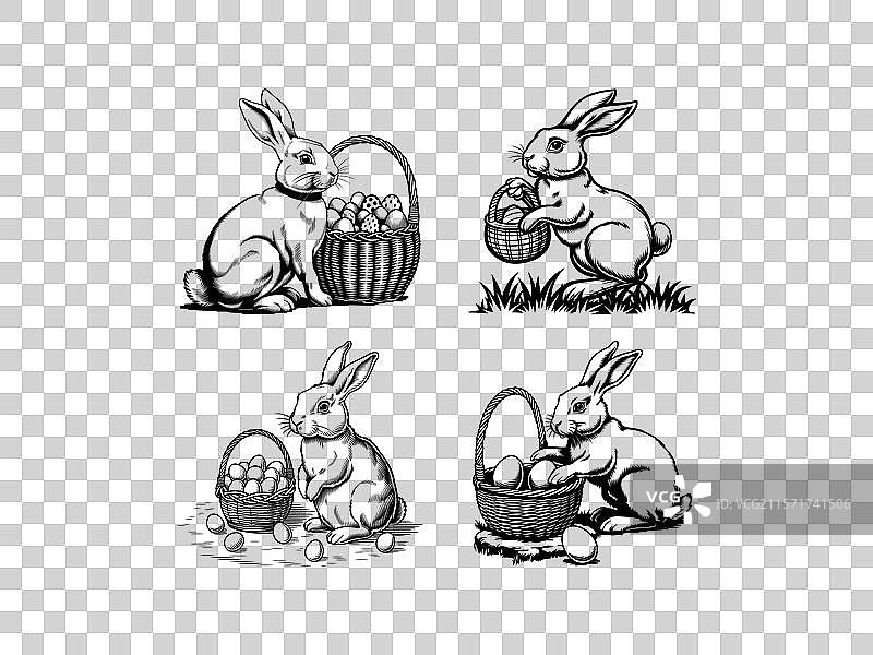 可爱的复活节兔子线条艺术，手持复活节彩蛋图片素材