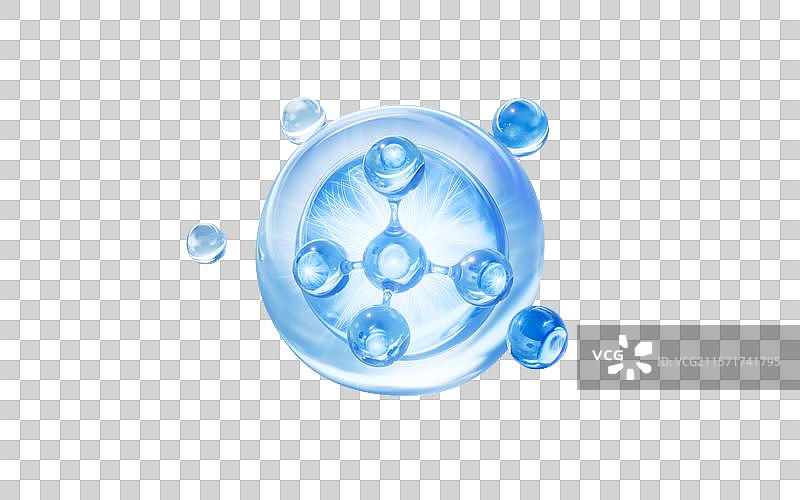 蓝色透明气泡与护肤品分子三维渲染图片素材
