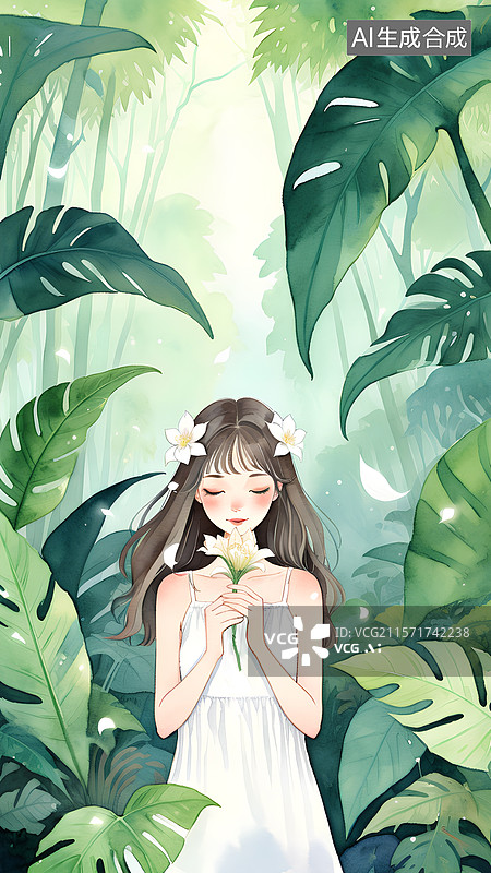 【AI数字艺术】水彩插画 站在森林里许愿的女孩图片素材