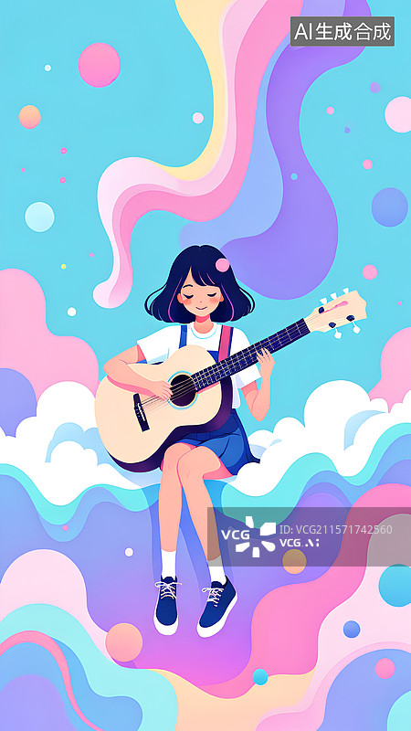 【AI数字艺术】坐在云层上弹吉他的女孩图片素材