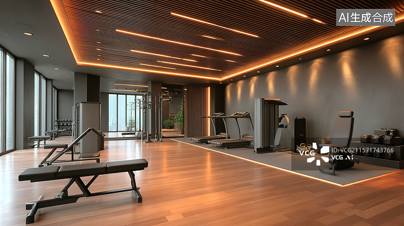 【AI数字艺术】高端豪华健身房跑步机室内空间图片素材