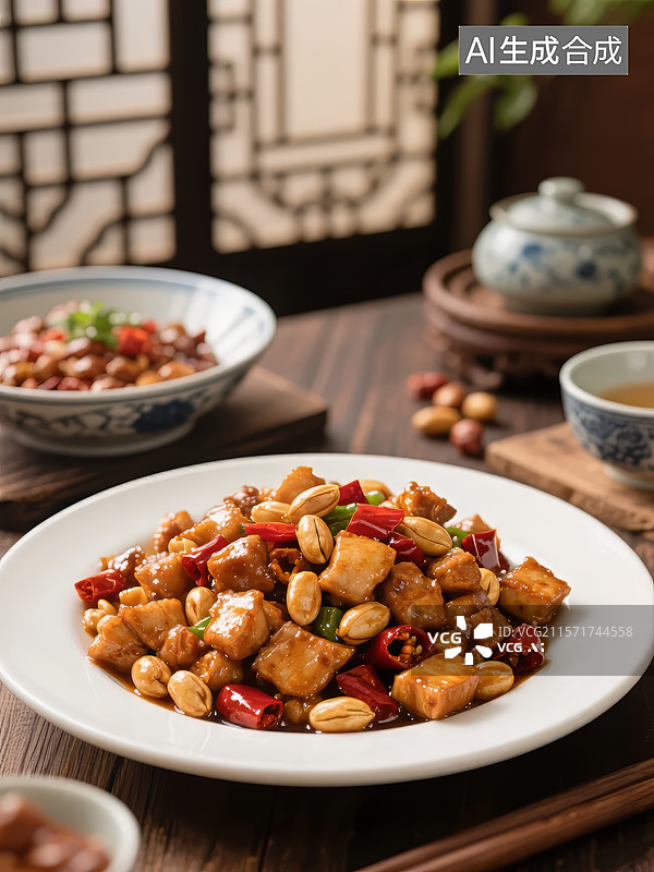 【AI数字艺术】宫保鸡丁配花生和辣椒图片素材