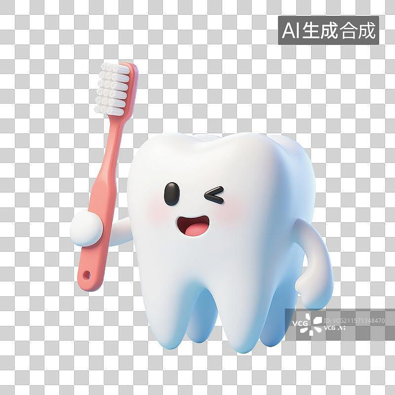 【AI数字艺术】3D渲染可爱的卡通牙齿，拿着牙刷的拟人牙齿，漱口，牙齿清洁免抠元素图片素材