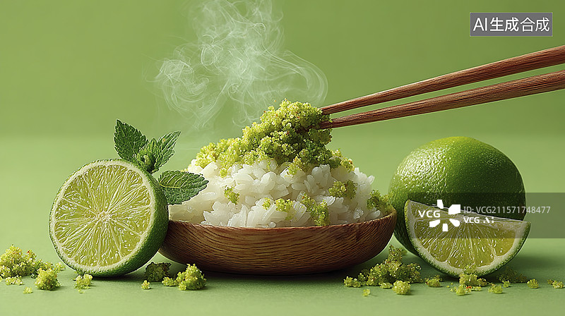 【AI数字艺术】冒着热气的绿色米饭图片素材