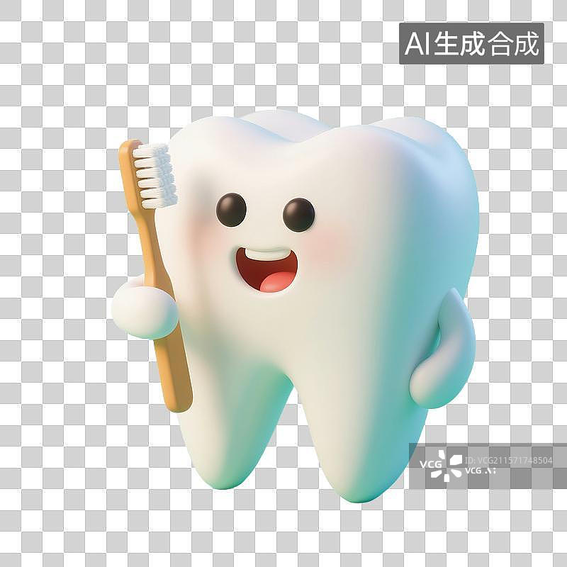 【AI数字艺术】3D渲染可爱的卡通牙齿，拿着牙刷的拟人牙齿，漱口，牙齿清洁免抠元素图片素材