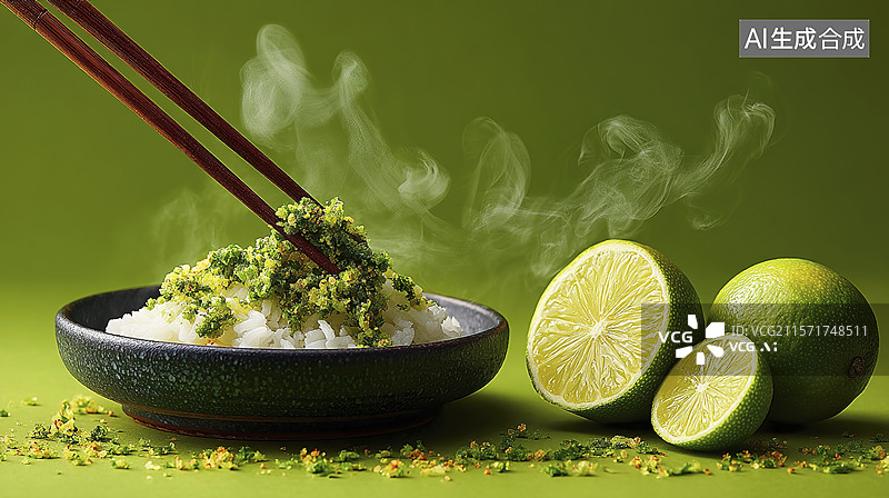 【AI数字艺术】冒着热气的绿色米饭图片素材