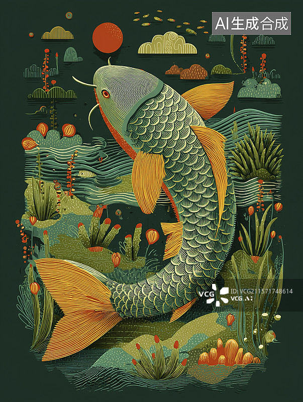 【AI数字艺术】锦鲤跃出山水画卷图片素材
