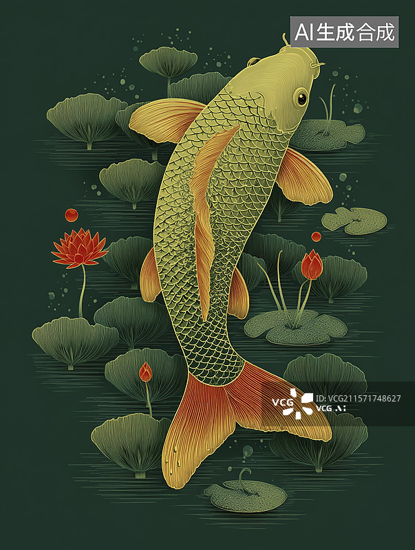 【AI数字艺术】锦鲤跃出山水画卷图片素材