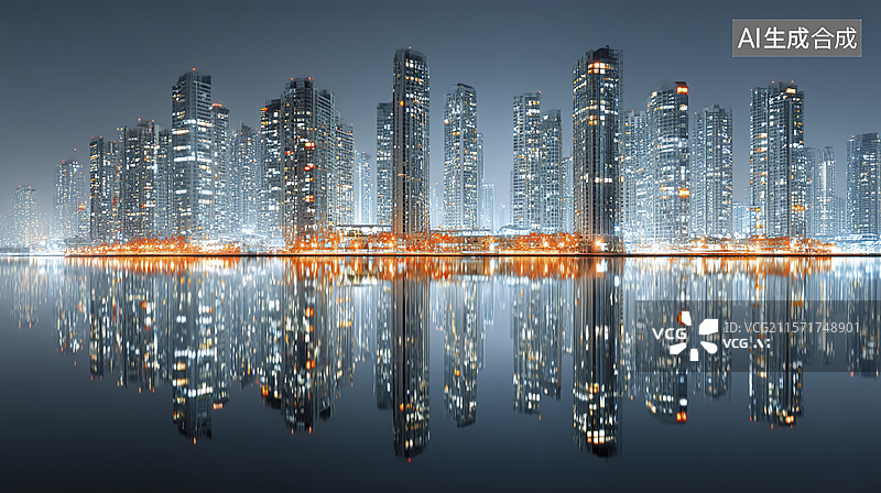 【AI数字艺术】夜间城市地标倒影图片素材