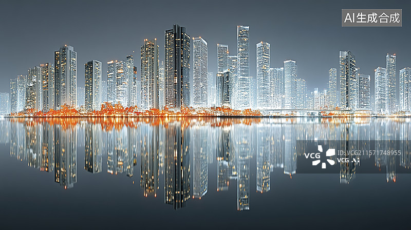 【AI数字艺术】夜间城市地标倒影图片素材