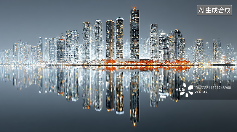 【AI数字艺术】夜间城市地标倒影图片素材