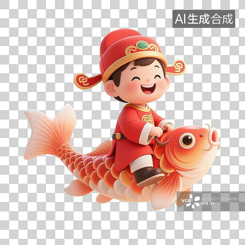 【AI数字艺术】3D渲染卡通人物，骑着幸运锦鲤的状元，文曲星，高考冲刺，高考加油，金榜题名，考试上岸，免抠元素图片素材