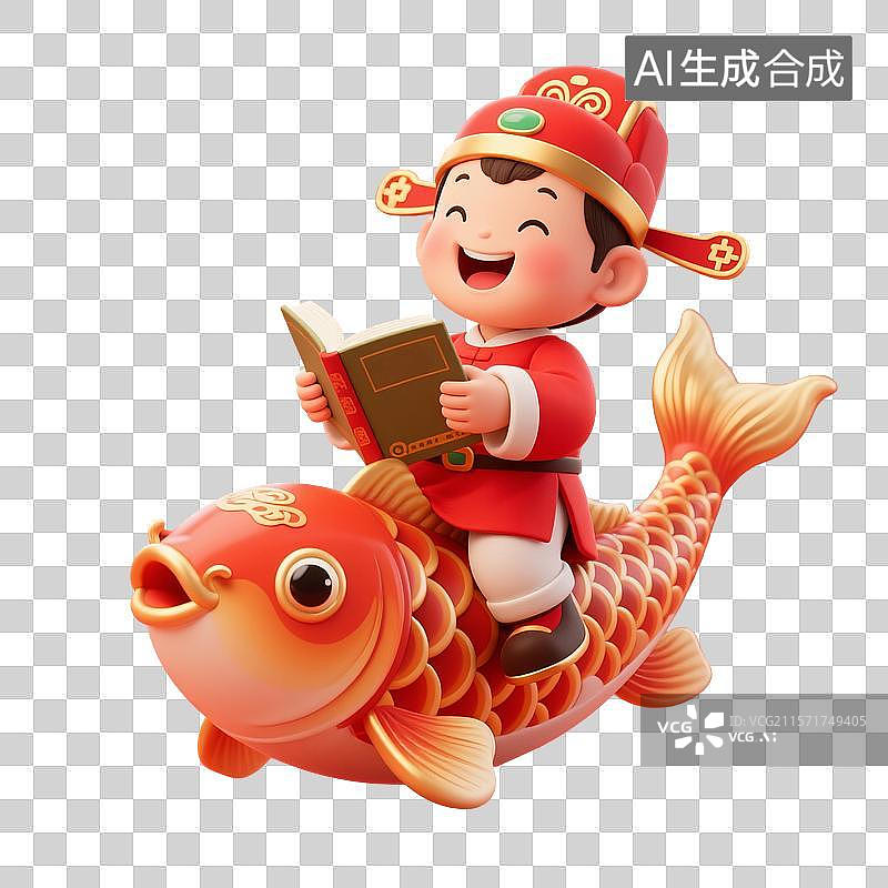 【AI数字艺术】3D渲染卡通人物，骑着幸运锦鲤的状元，文曲星，高考冲刺，高考加油，金榜题名，考试上岸，免抠元素图片素材