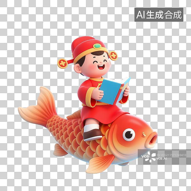 【AI数字艺术】3D渲染卡通人物，骑着幸运锦鲤的状元，文曲星，高考冲刺，高考加油，金榜题名，考试上岸，免抠元素图片素材