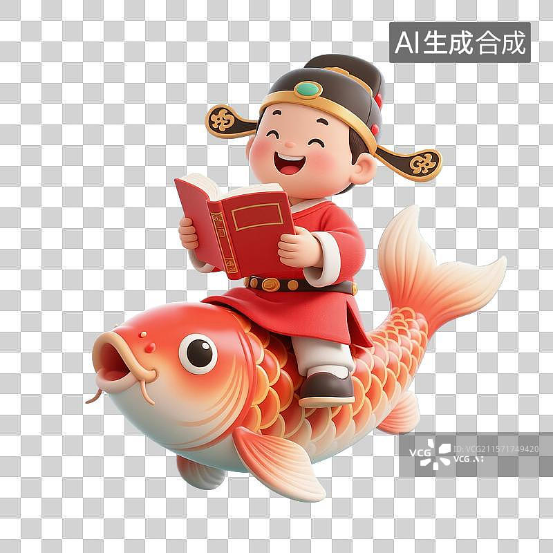 【AI数字艺术】3D渲染卡通人物，骑着幸运锦鲤的状元，文曲星，高考冲刺，高考加油，金榜题名，考试上岸，免抠元素图片素材