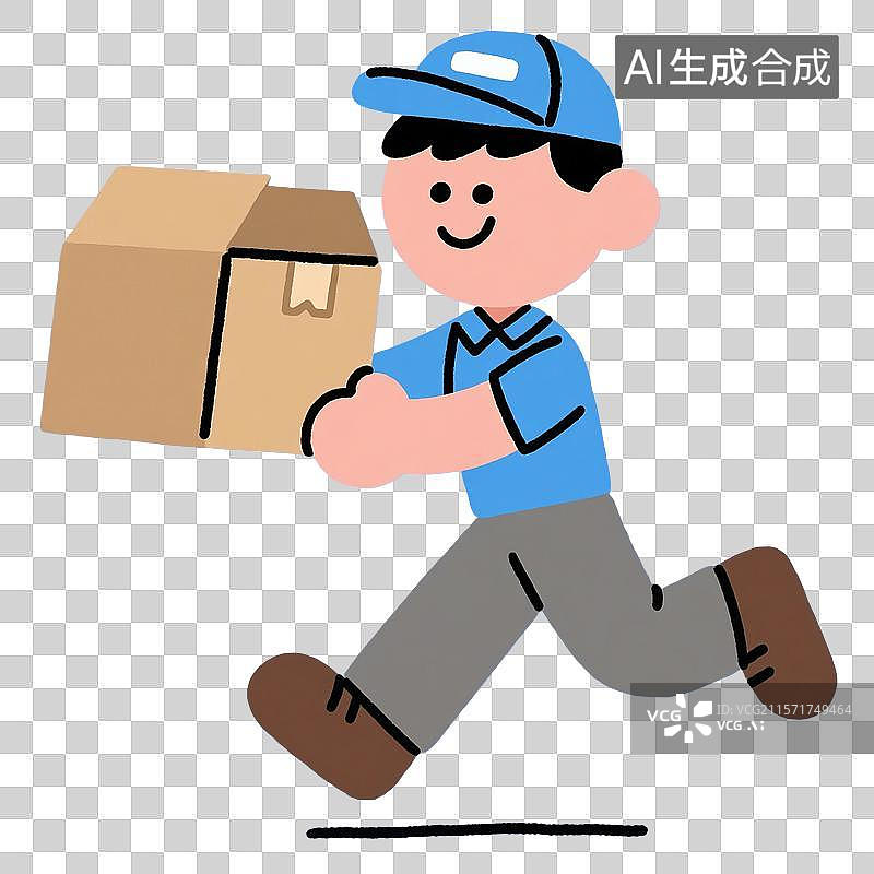 【AI数字艺术】手绘插画，卡通人物，拿着纸板箱的快递员的形象，物流，快递，仓储，货运，劳动节，免抠元素图片素材