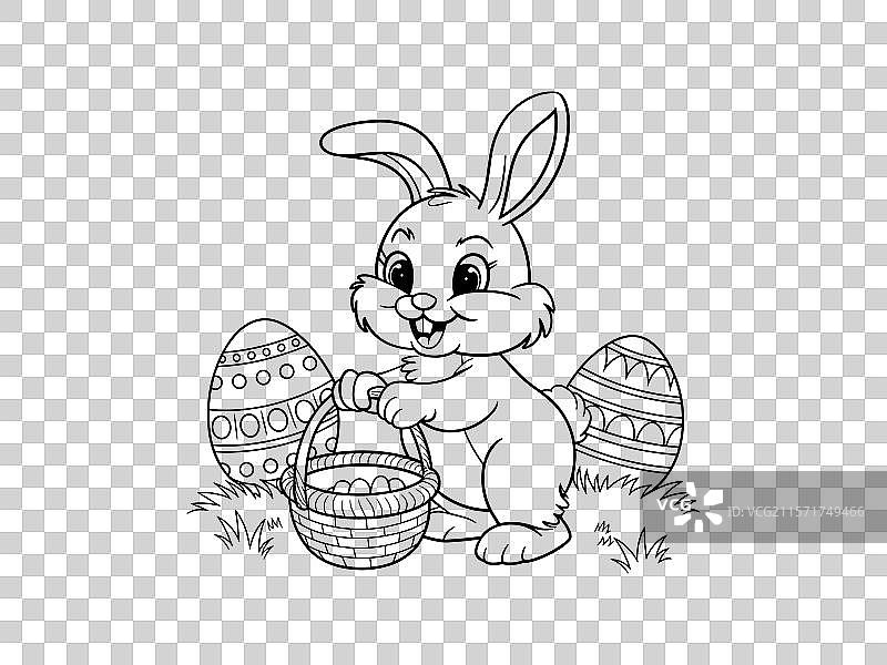 可爱的复活节兔子线条艺术，手持复活节彩蛋图片素材